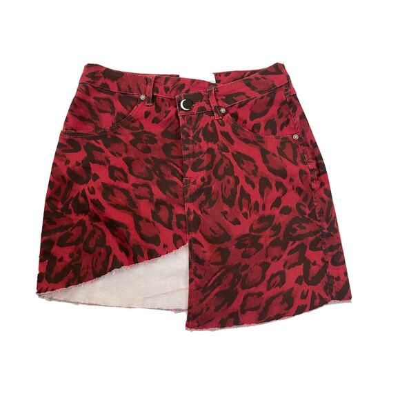 NGHTBRD European Brand Womens 26 Red Black Leopard Assymetrical Mini Skirt #499 - Picture 1 of 11
